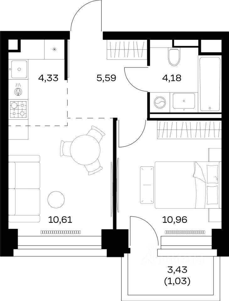 1-комн. квартира, 36,7 м², в ЖК Nova
