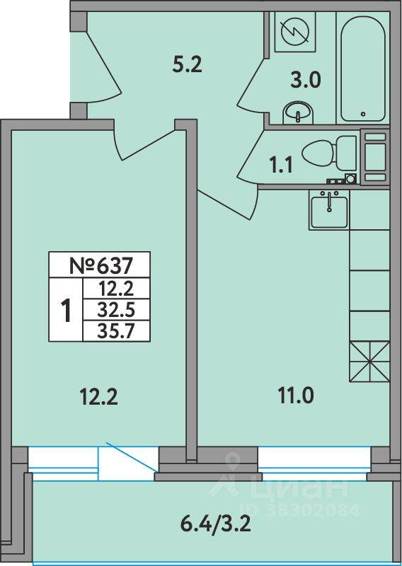 1-комн. квартира, 35,7 м², в ЖК Удача