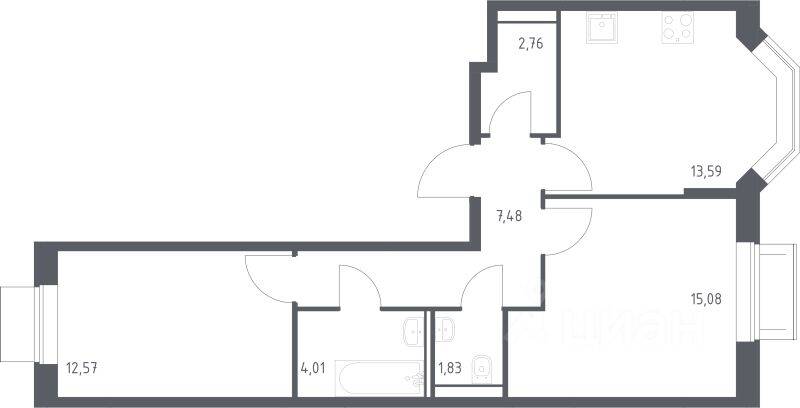 Планировка 2 комнатной квартиры, 57.32 м², в «Квартал Домашний»