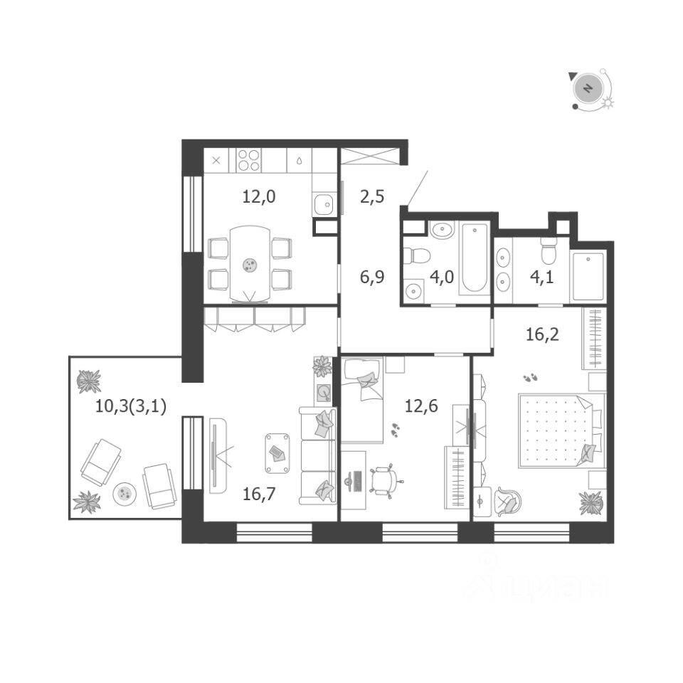 3-комн. квартира, 78,1 м², в ЖК Жилой квартал Shagal