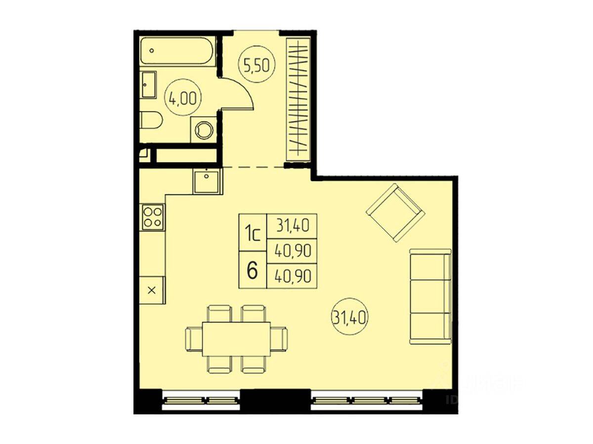 Квартира-студия, 40,9 м², в ЖК 7 небо