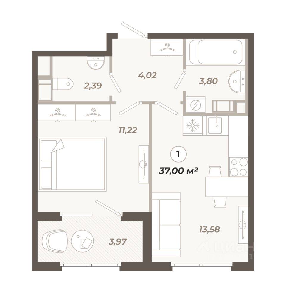 1-комн. квартира, 37 м², в ЖК «Знатный»