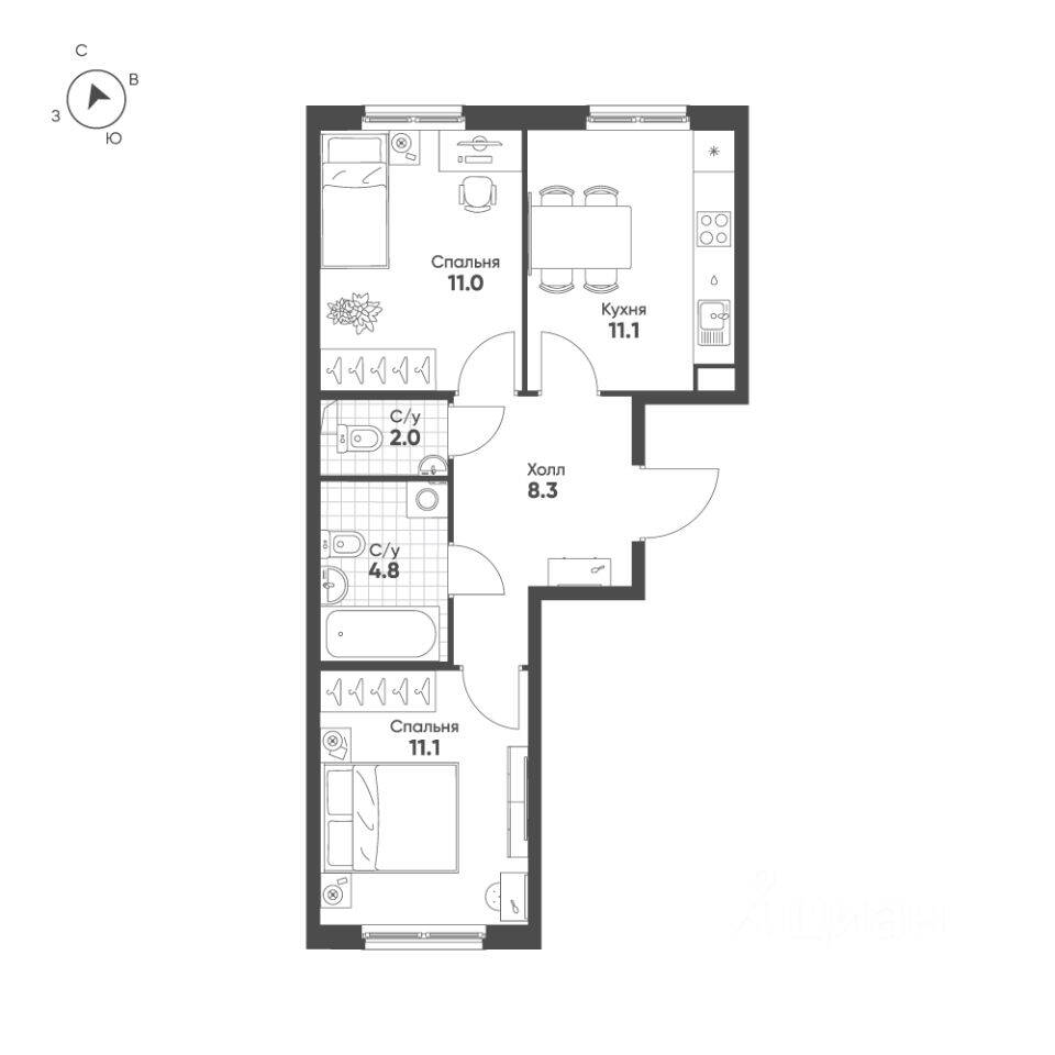2-комн. квартира, 48,3 м², в ЖК Клюква.Парк