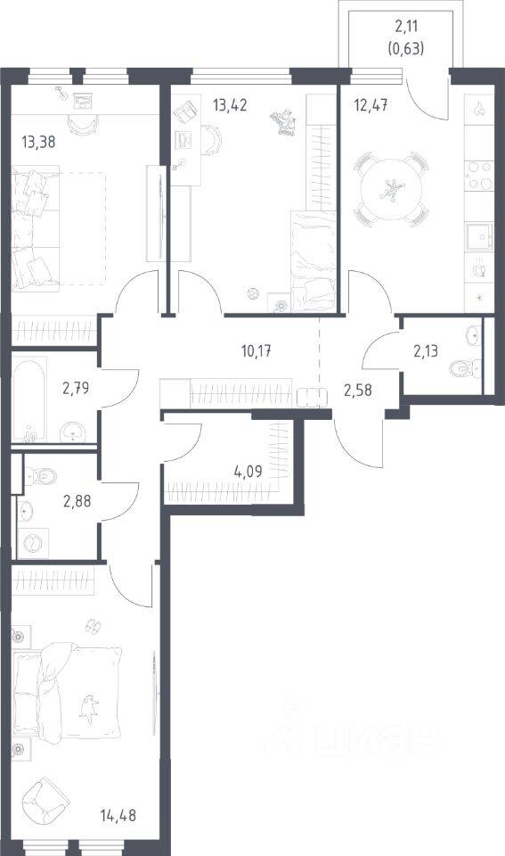 3-комн. квартира, 79,02 м², в ЖК «Пригород Лесное»