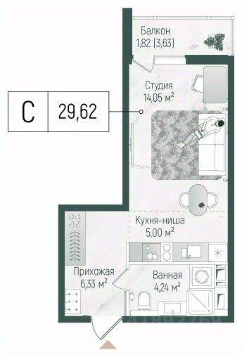 Квартира-студия, 31,44 м², в ЖК Riga Hills
