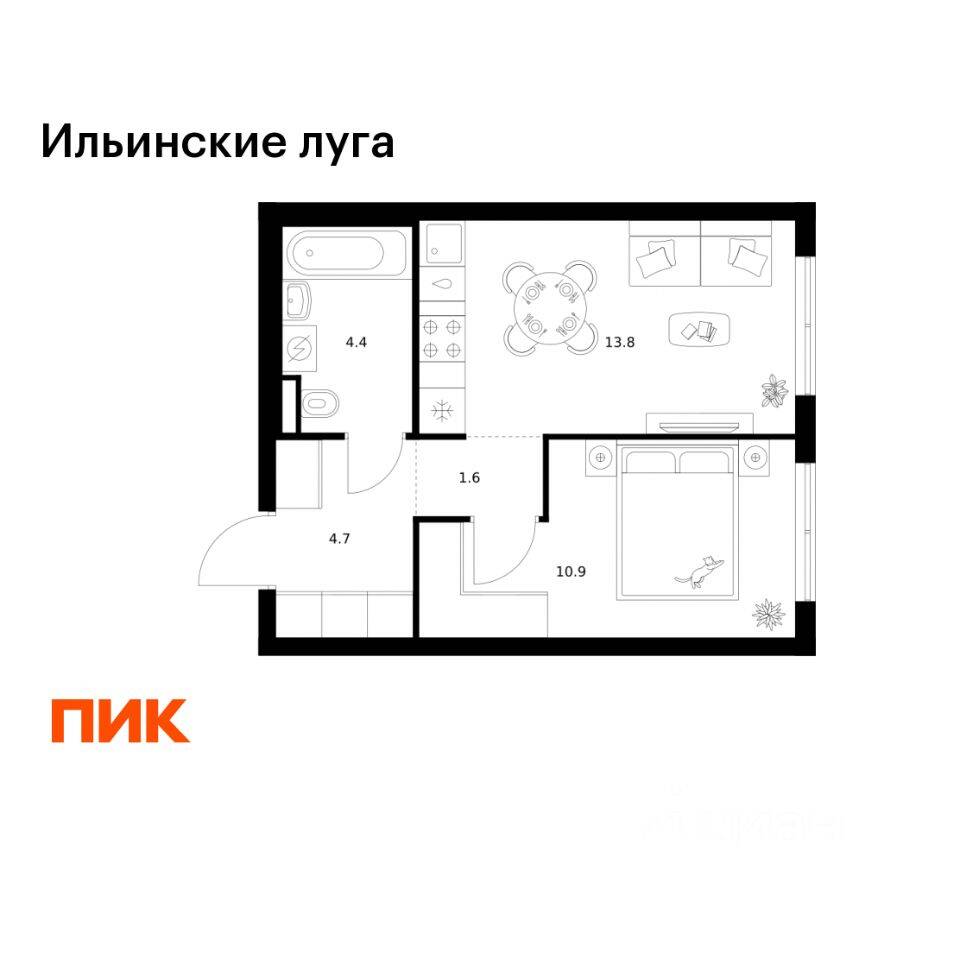 1-комн. квартира, 35,4 м², в ЖК «Ильинские луга»