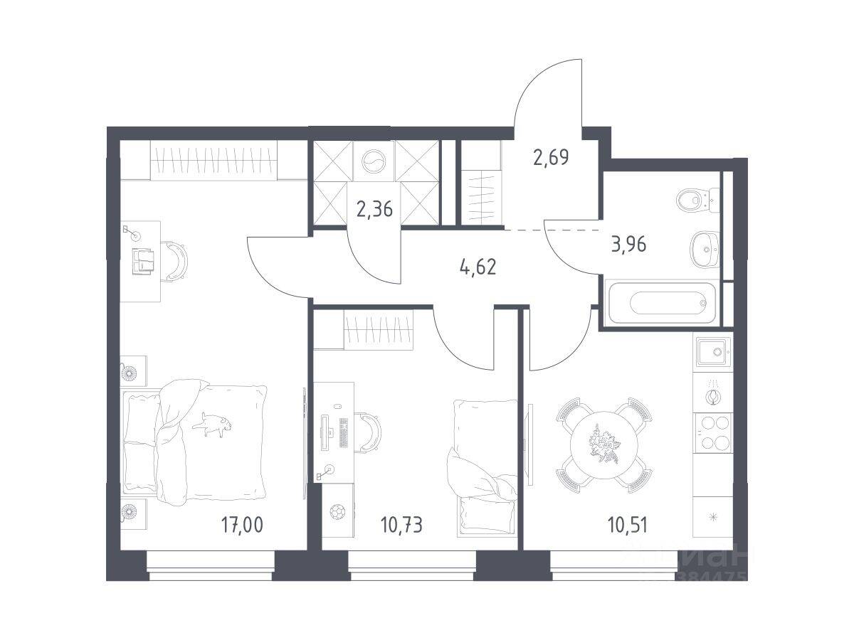 2-комн. квартира, 51,87 м², в ЖК Богдановский Лес