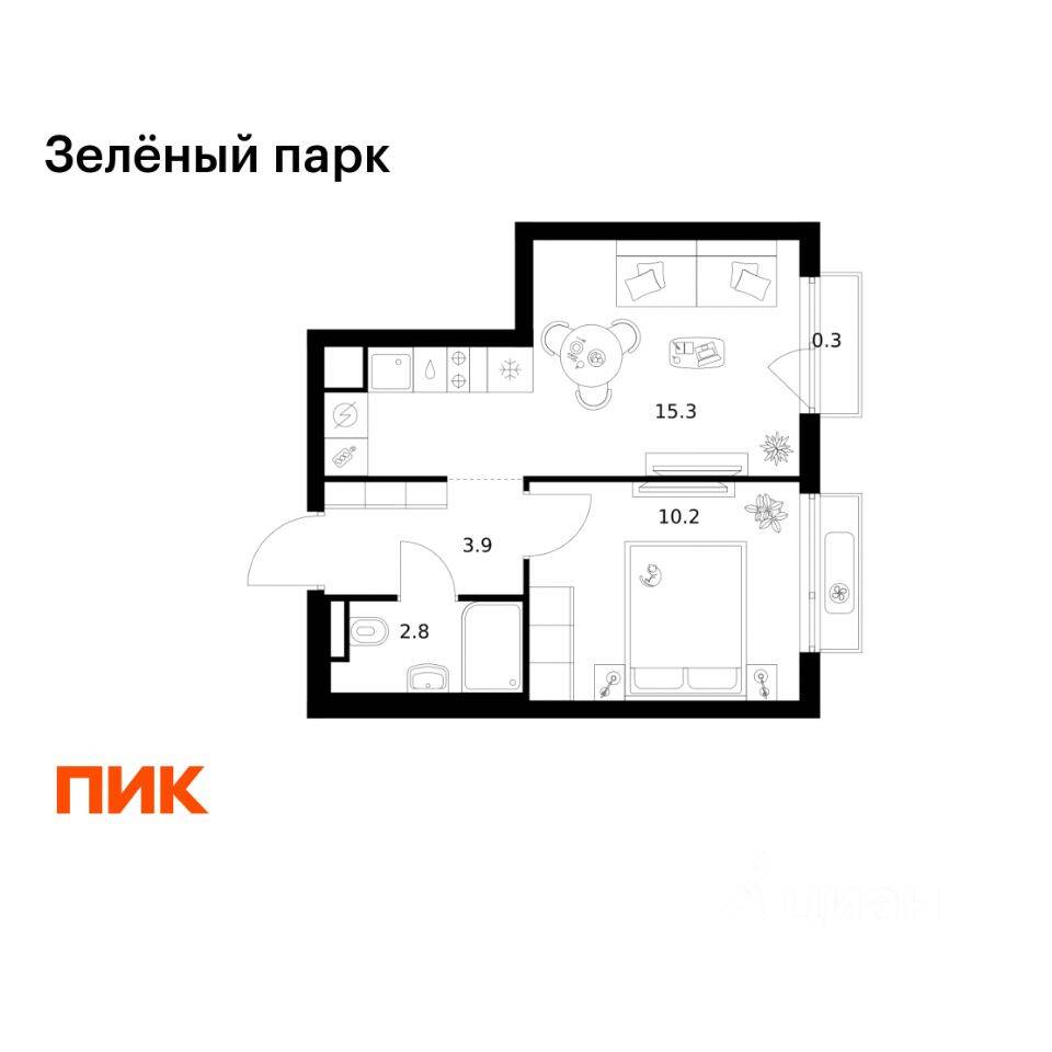 1-комн. квартира, 32,5 м², в ЖК Зеленый парк
