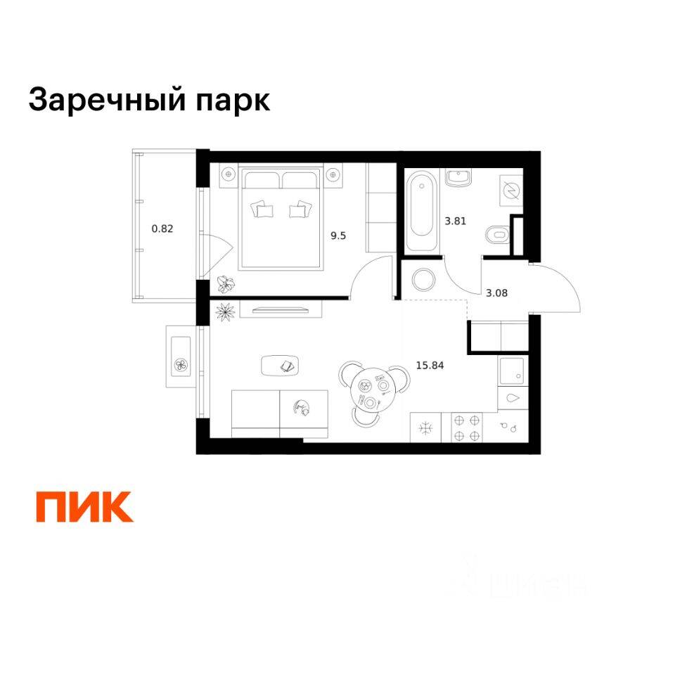 1-комн. квартира, 33,05 м², в ЖК Заречный парк