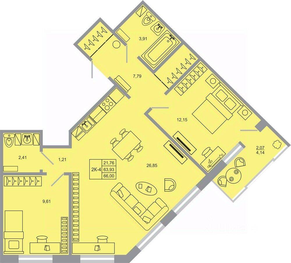 2-комн. квартира, 66 м², в ЖК Стороны света-2