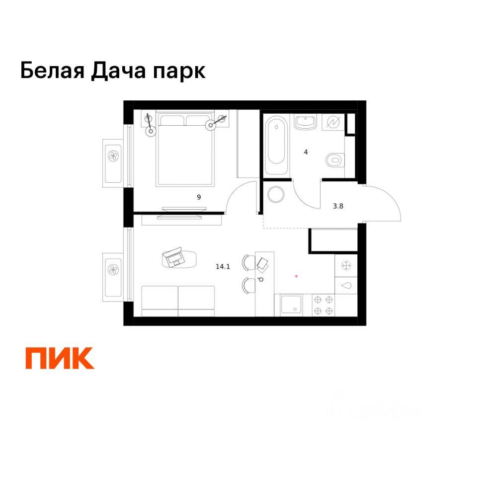 1-комн. квартира, 30,9 м², в ЖК «Белая Дача парк»