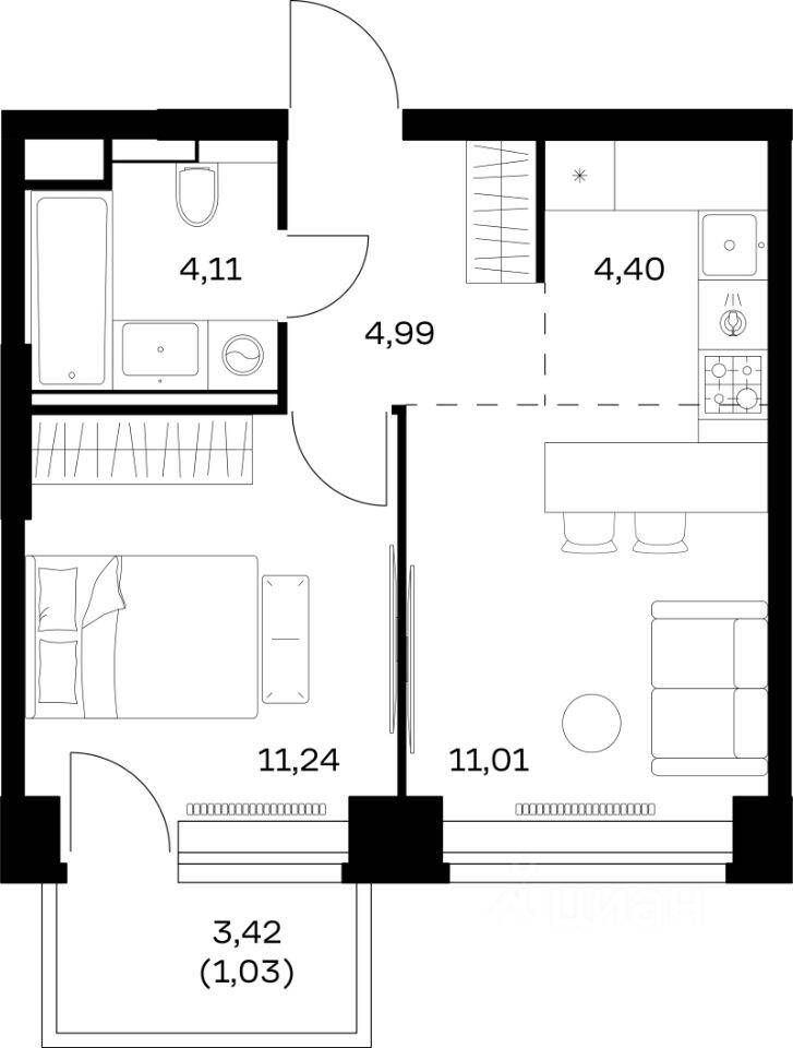 1-комн. квартира, 36,78 м², в ЖК Nova