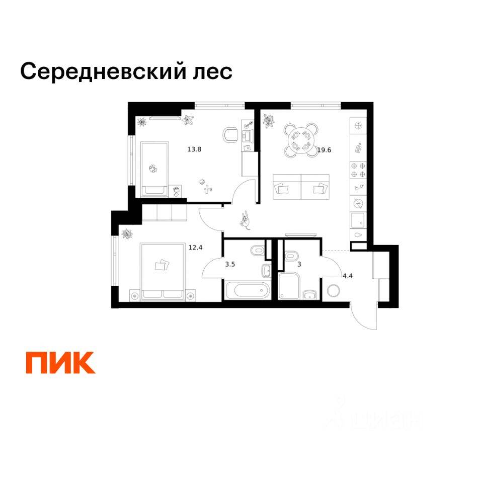 2-комн. квартира, 56,7 м², в ЖК Середневский лес