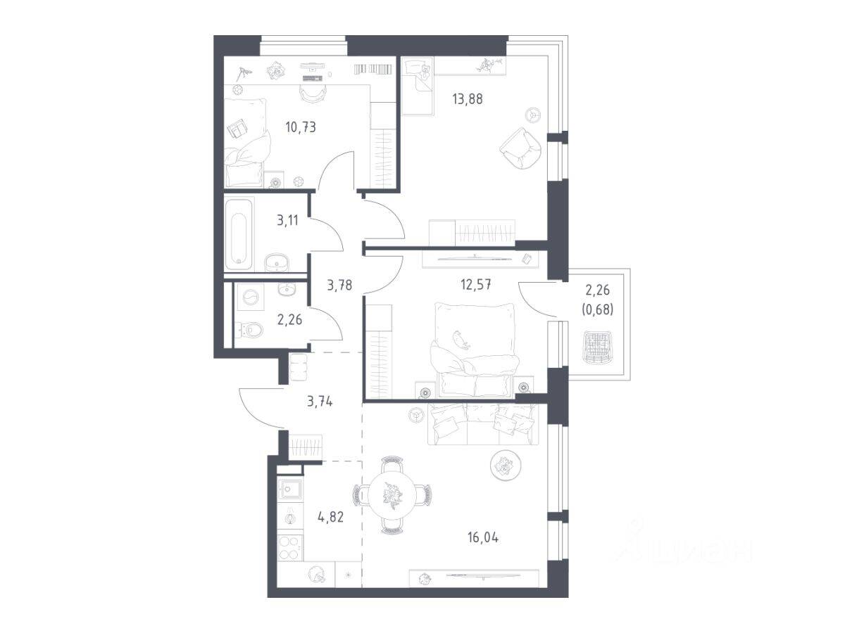 3-комн. квартира, 71,61 м², в ЖК Егорово Парк