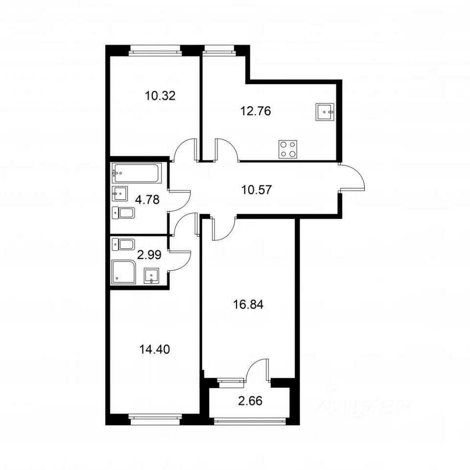 3-комн. квартира, 73,99 м², в ЖК Квартал Заречье
