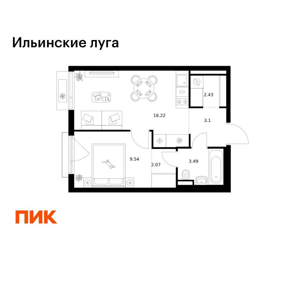 1-комн. квартира, 36,85 м², в ЖК «Ильинские луга»
