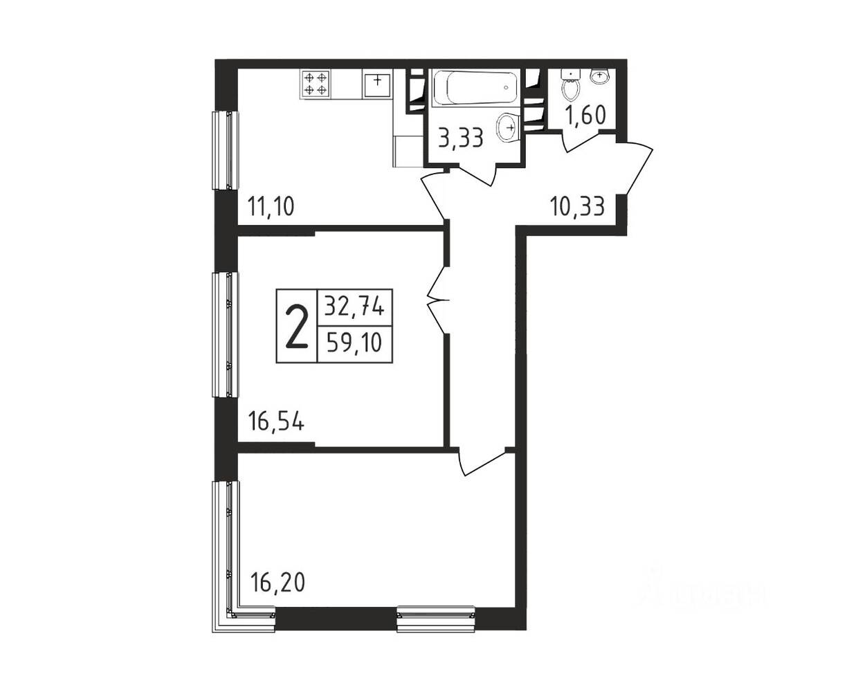 2-комн. квартира, 59,1 м², в ЖК Серебро