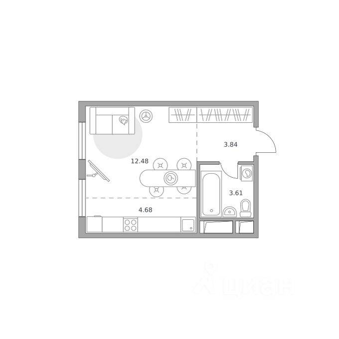 Планировка 1 комнатной квартиры, 24.61 м², в «Аникеевский»