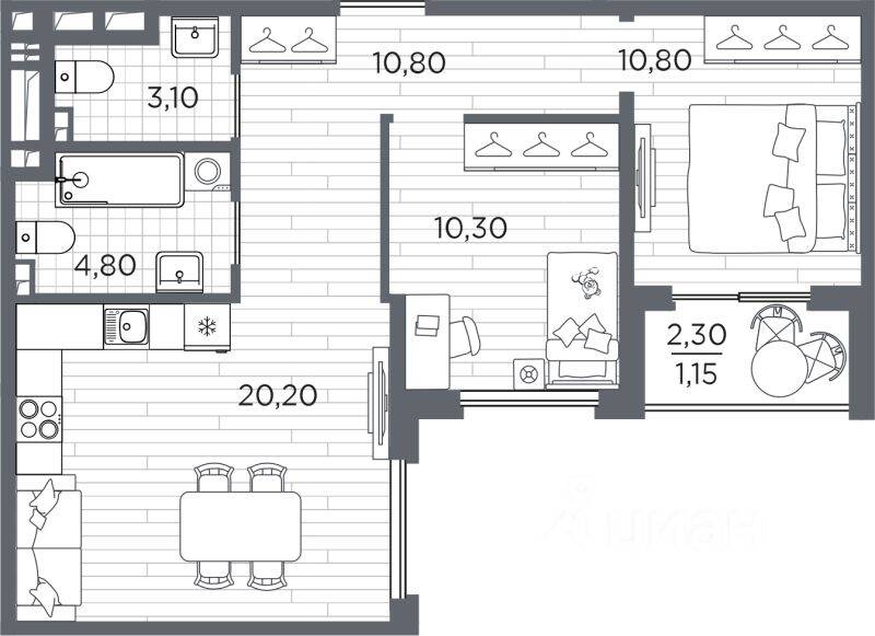 2-комн. квартира, 61,15 м², в ЖК Plus Пулковский