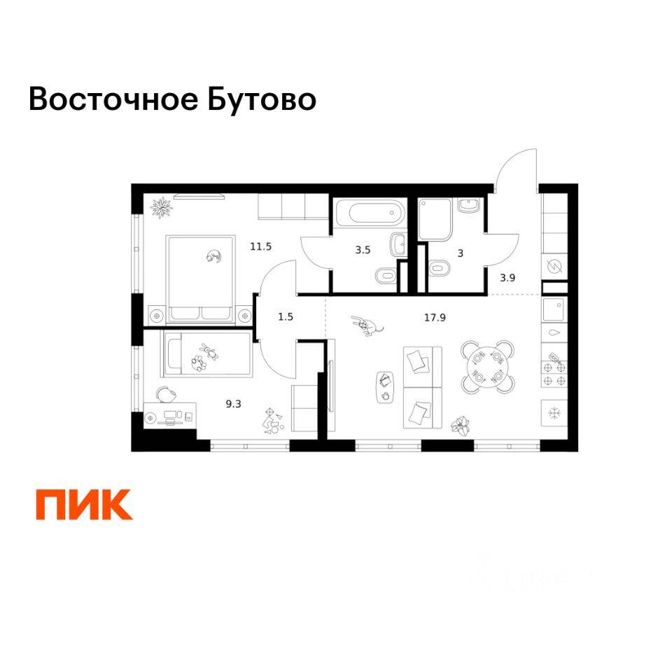 2-комн. квартира, 50,6 м², в ЖК «Восточное Бутово»