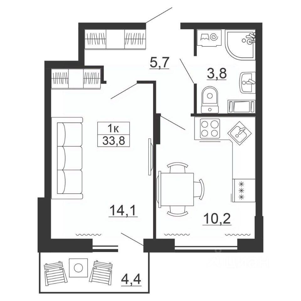 1-комн. квартира, 33,8 м², в ЖК Рубеж