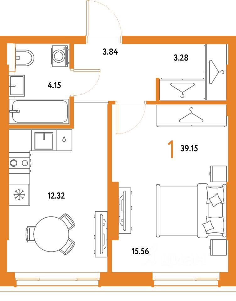 1-комн. квартира, 39,15 м², в ЖК Страна.Парковая