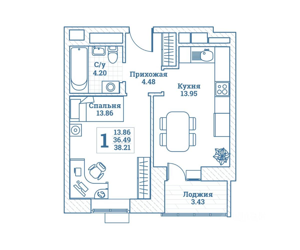 1-комн. квартира, 38,21 м², в ЖК Новоград Монино