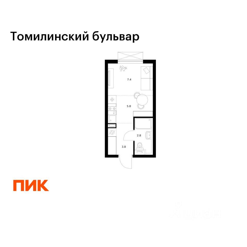 Квартира-студия, 19,8 м², в ЖК Томилинский бульвар