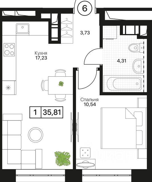 1-комн. квартира, 35,81 м², в ЖК Пушкино Град