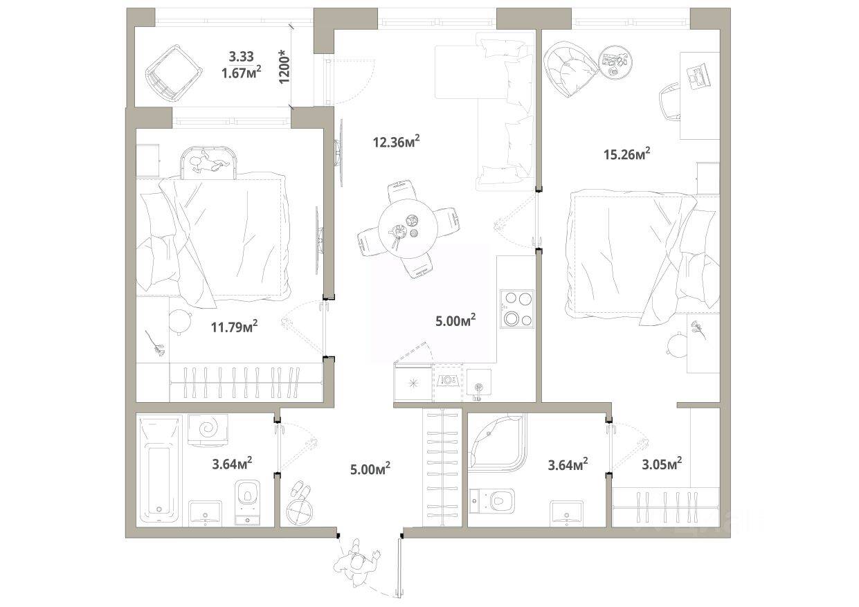 2-комн. квартира, 61,41 м², в ЖК «Тишин»
