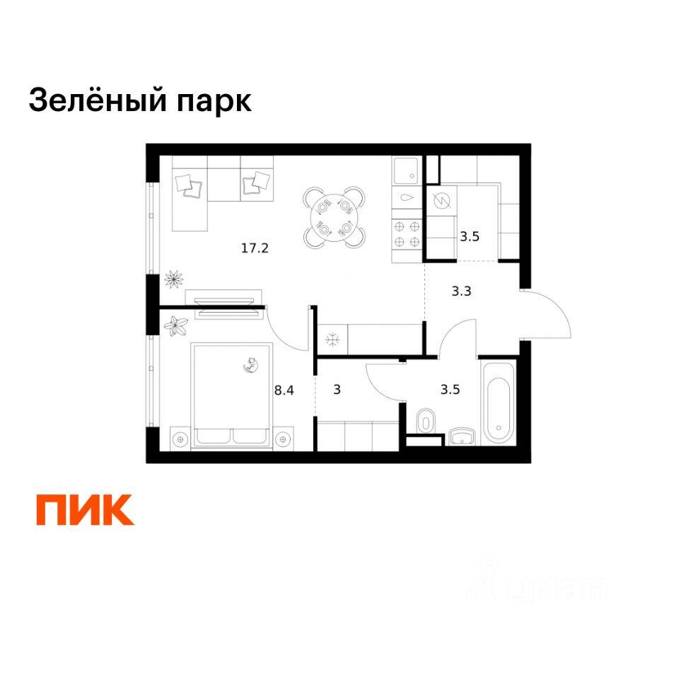 1-комн. квартира, 38,9 м², в ЖК Зеленый парк