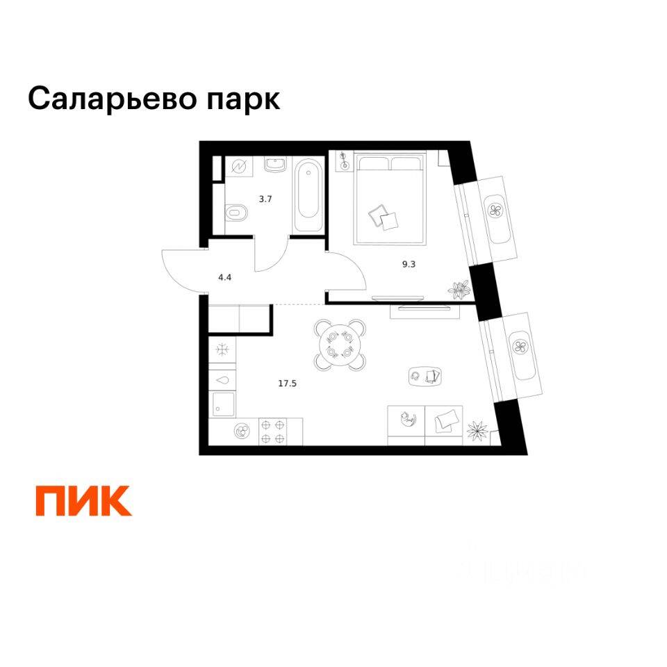 1-комн. квартира, 34,9 м², в ЖК «Саларьево парк»