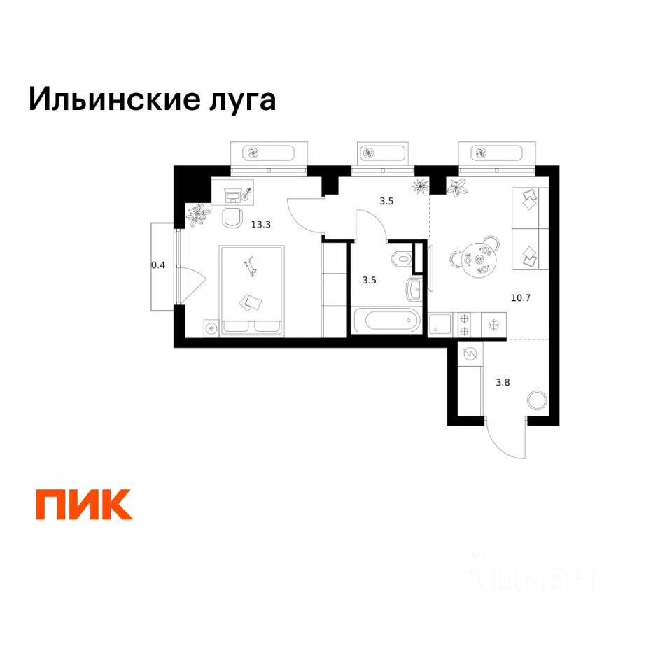 1-комн. квартира, 35,2 м², в ЖК «Ильинские луга»