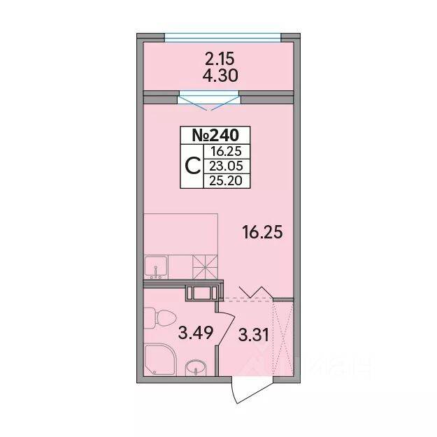 Планировка 1 комнатной квартиры, 25.2 м², в «Рождественский квартал»