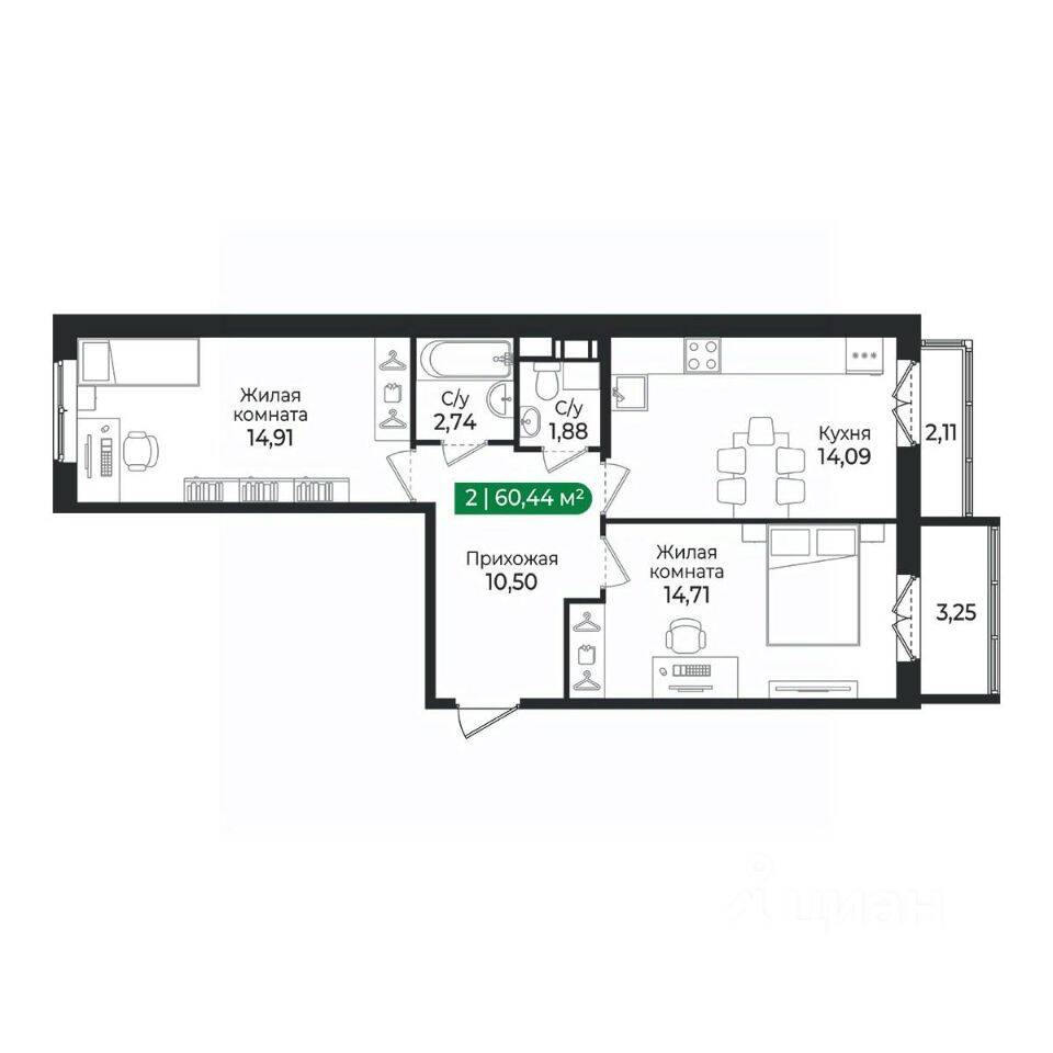 2-комн. квартира, 60,44 м², в ЖК Sertolovo Park
