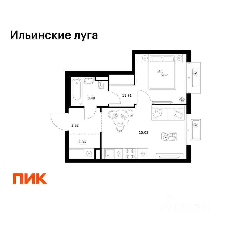 1-комн. квартира, 35,12 м², в ЖК «Ильинские луга»