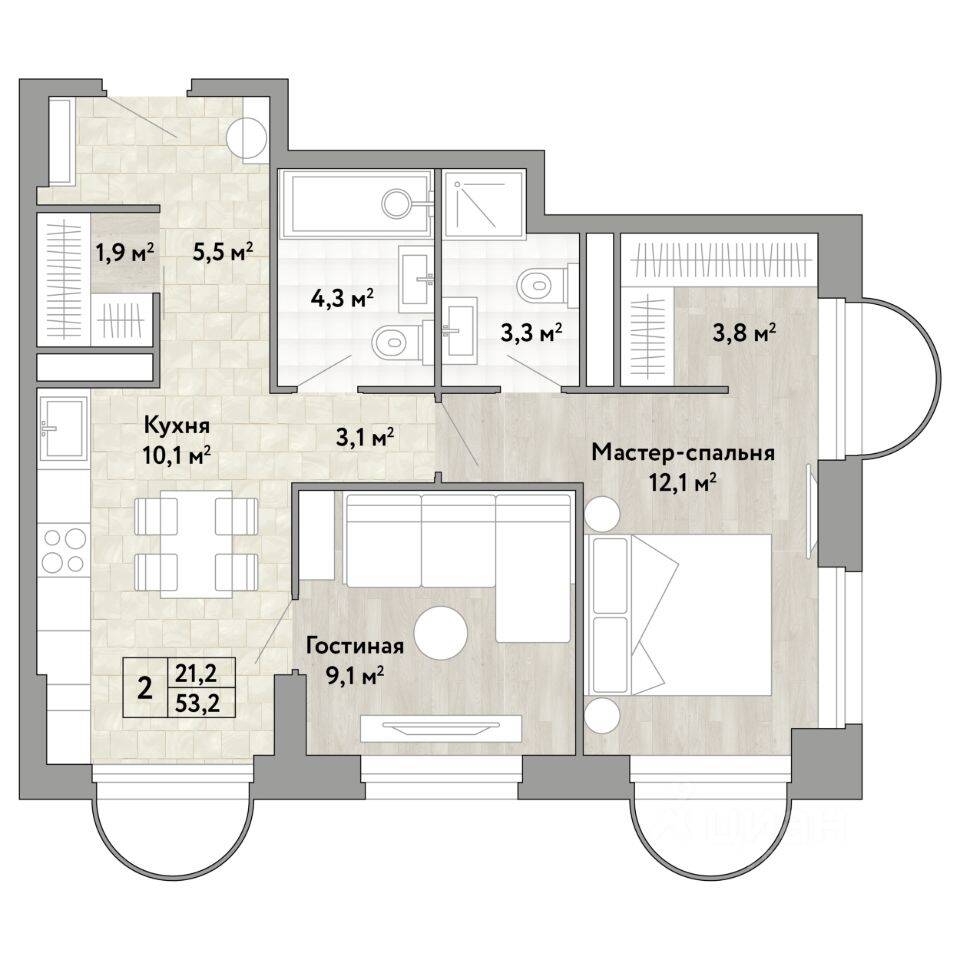 2-комн. квартира, 53,2 м², в ЖК Новые смыслы