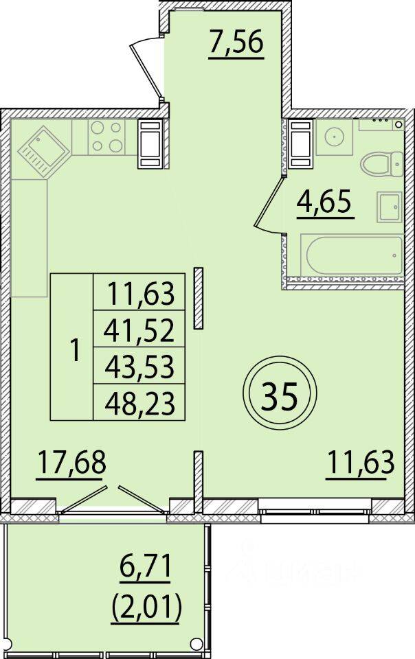 1-комн. квартира, 41,52 м², в Малоэтажный ЖК Образцовый квартал 15