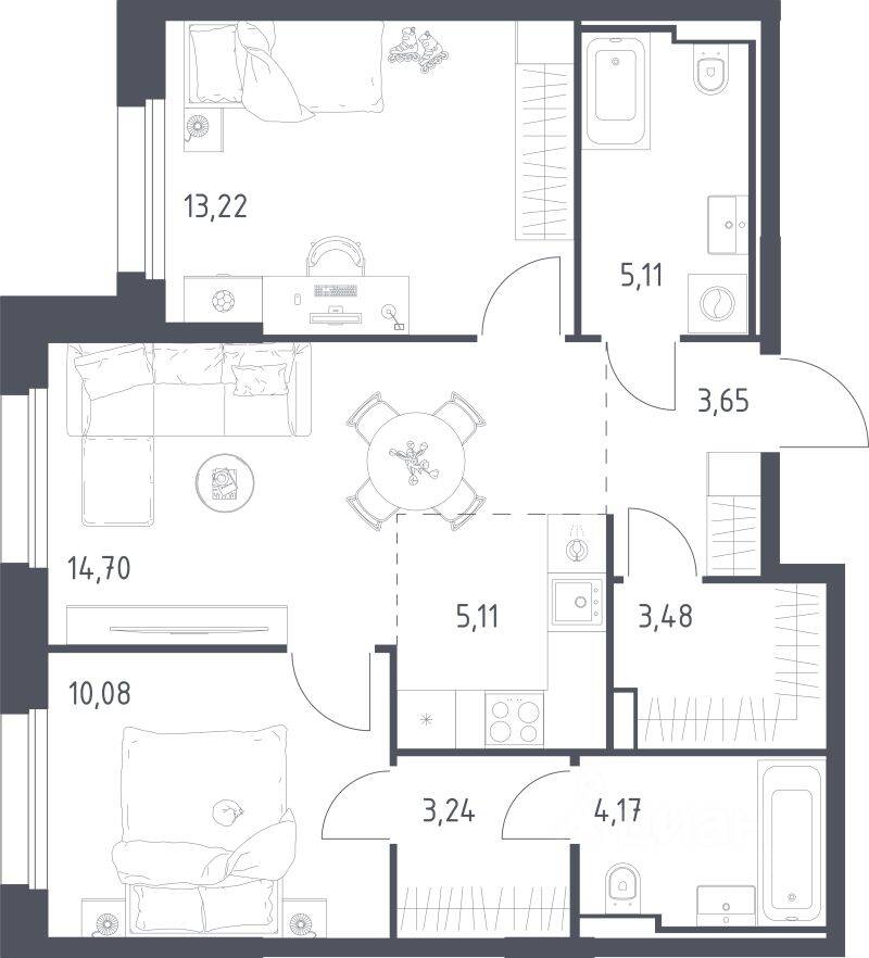 2-комн. квартира, 62,76 м², в ЖК Заречье Парк