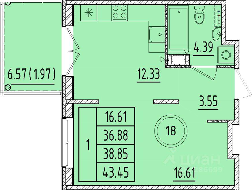 1-комн. квартира, 36,88 м², в Малоэтажный ЖК Образцовый квартал 17