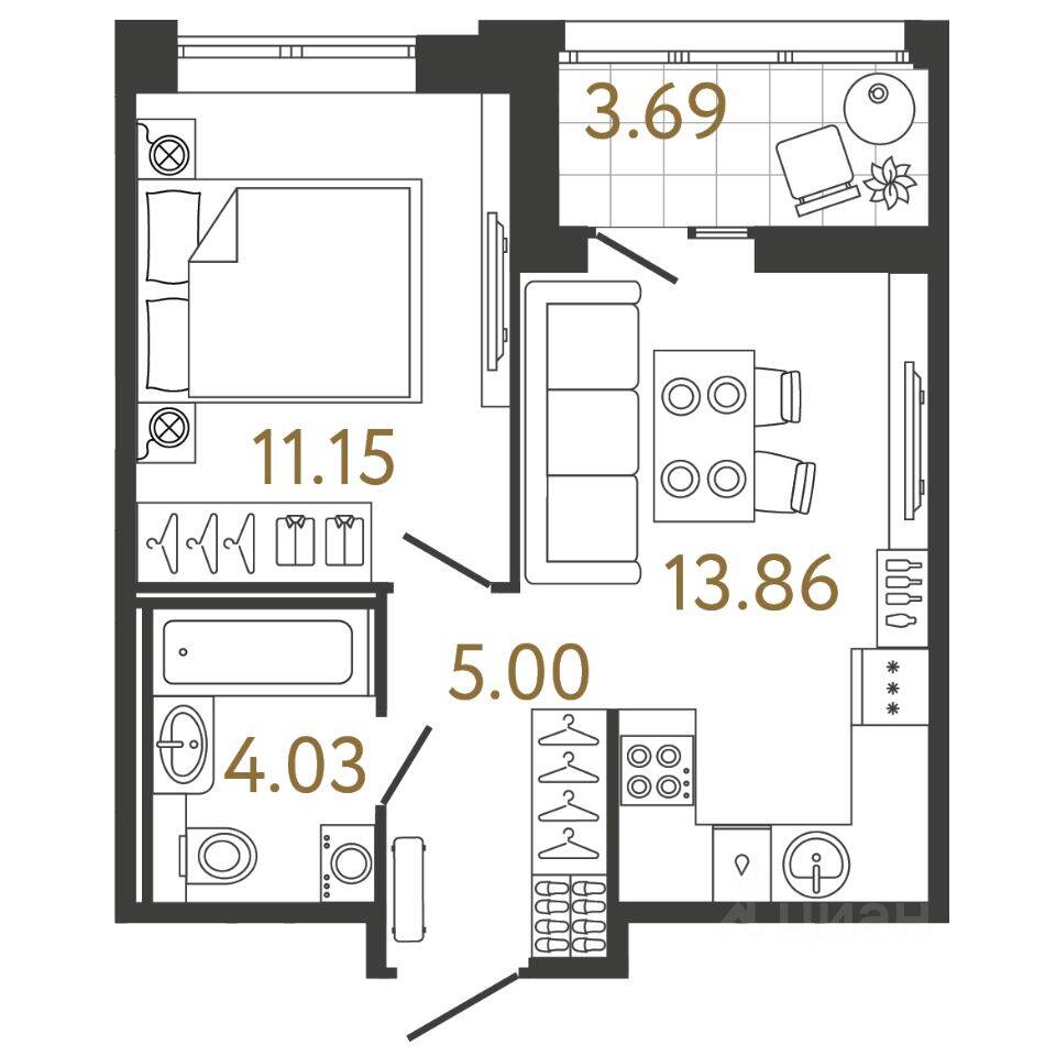 Планировка 1 комнатной квартиры, 34.04 м², в «Ультра Сити 3.0»