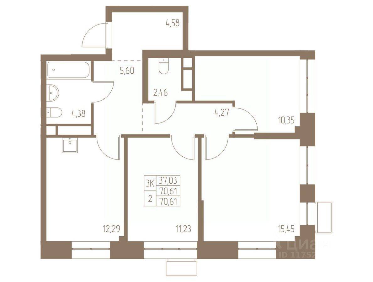 3-комн. квартира, 70,61 м², в ЖК Фабрикант