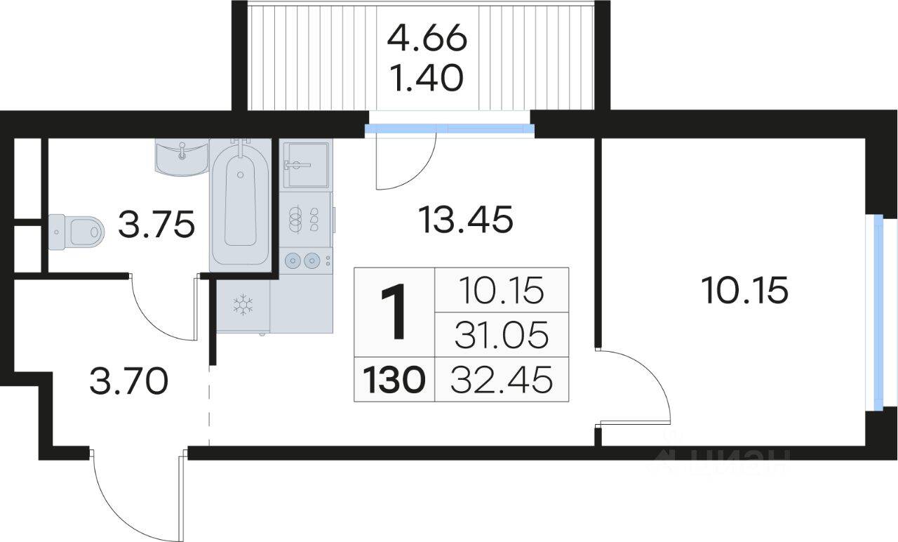 1-комн. квартира, 32,5 м², в ЖК GloraX Парголово