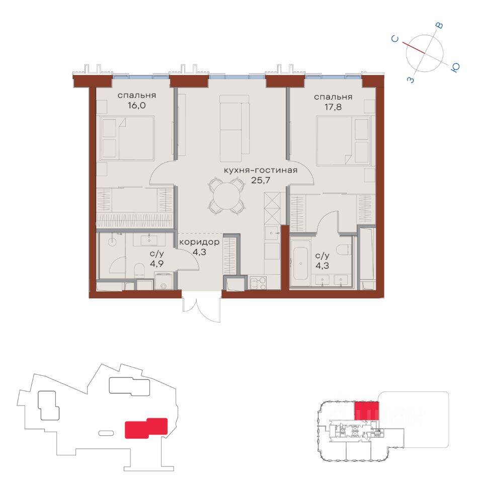 2-комн. квартира, 73 м², в ЖК Татарская 35