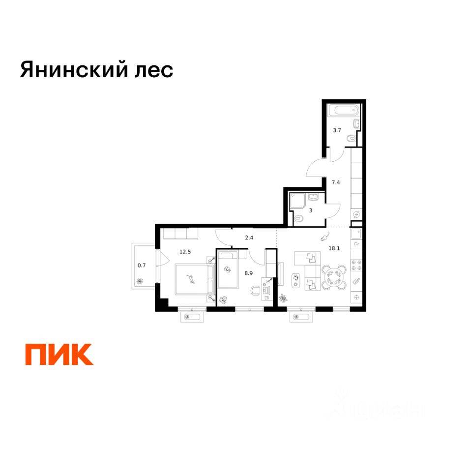 2-комн. квартира, 56,7 м², в ЖК Янинский лес