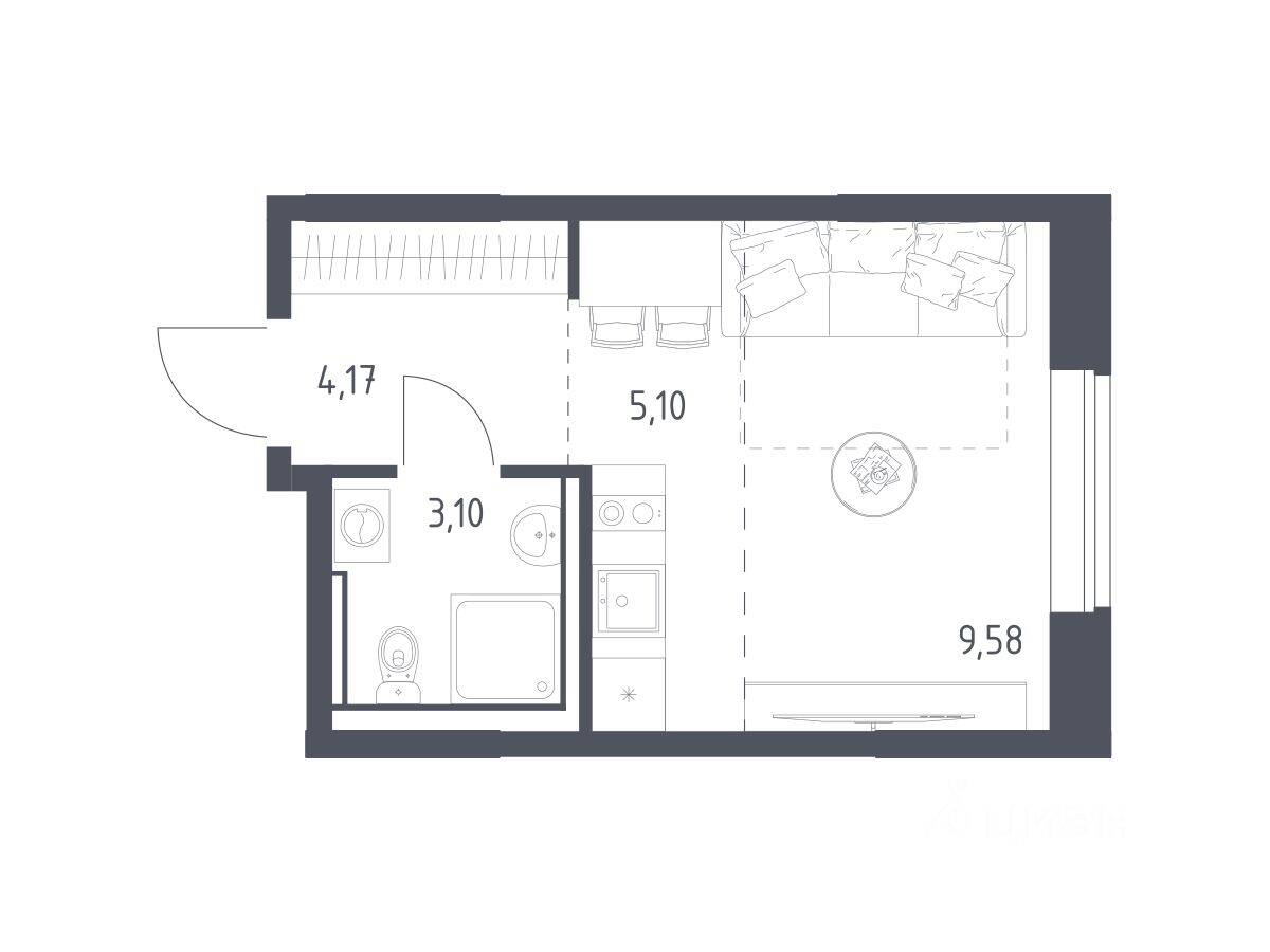 Квартира-студия, 21,95 м², в ЖК «Пригород Лесное»