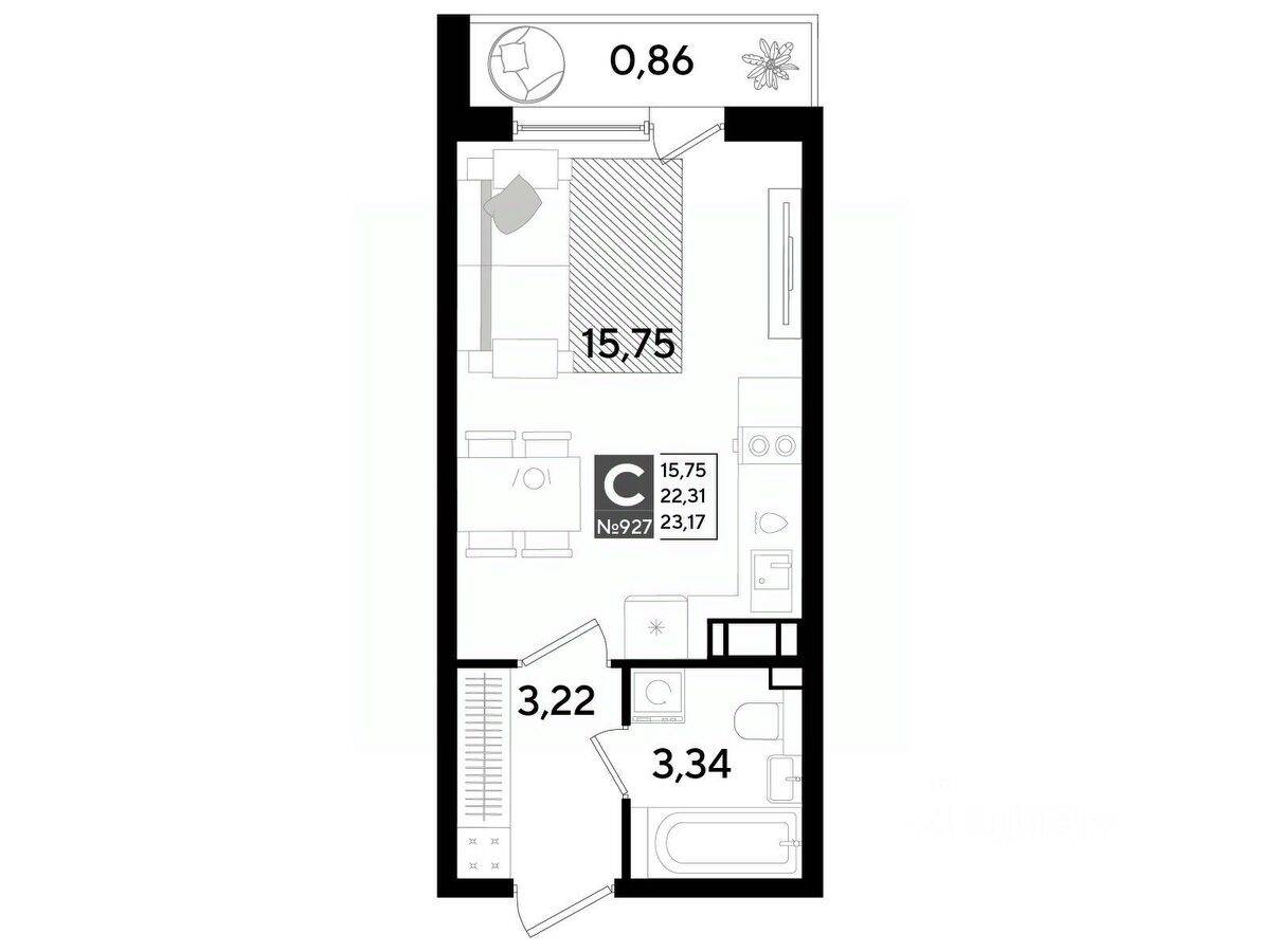 Квартира-студия, 23,17 м², в ЖК DOGMA ЮККИ