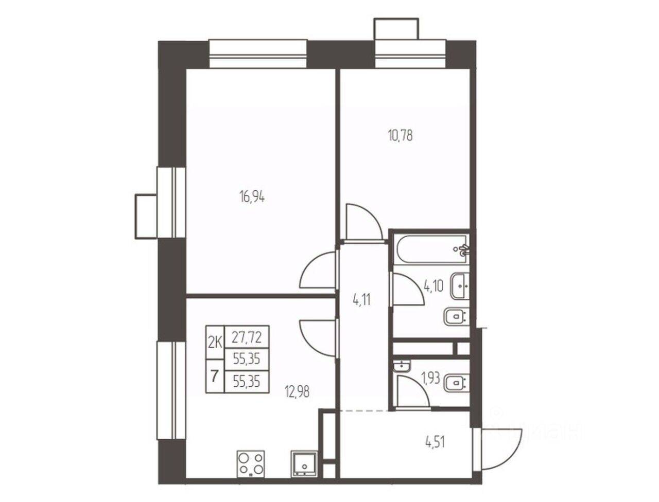 2-комн. квартира, 55,4 м², в ЖК Новая Ивантеевка