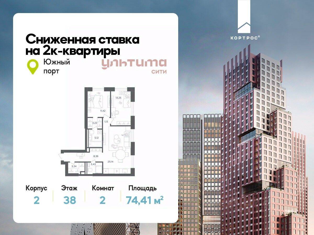 2-комн. квартира, 74,41 м², в ЖК «УЛЬТИМА Сити»
