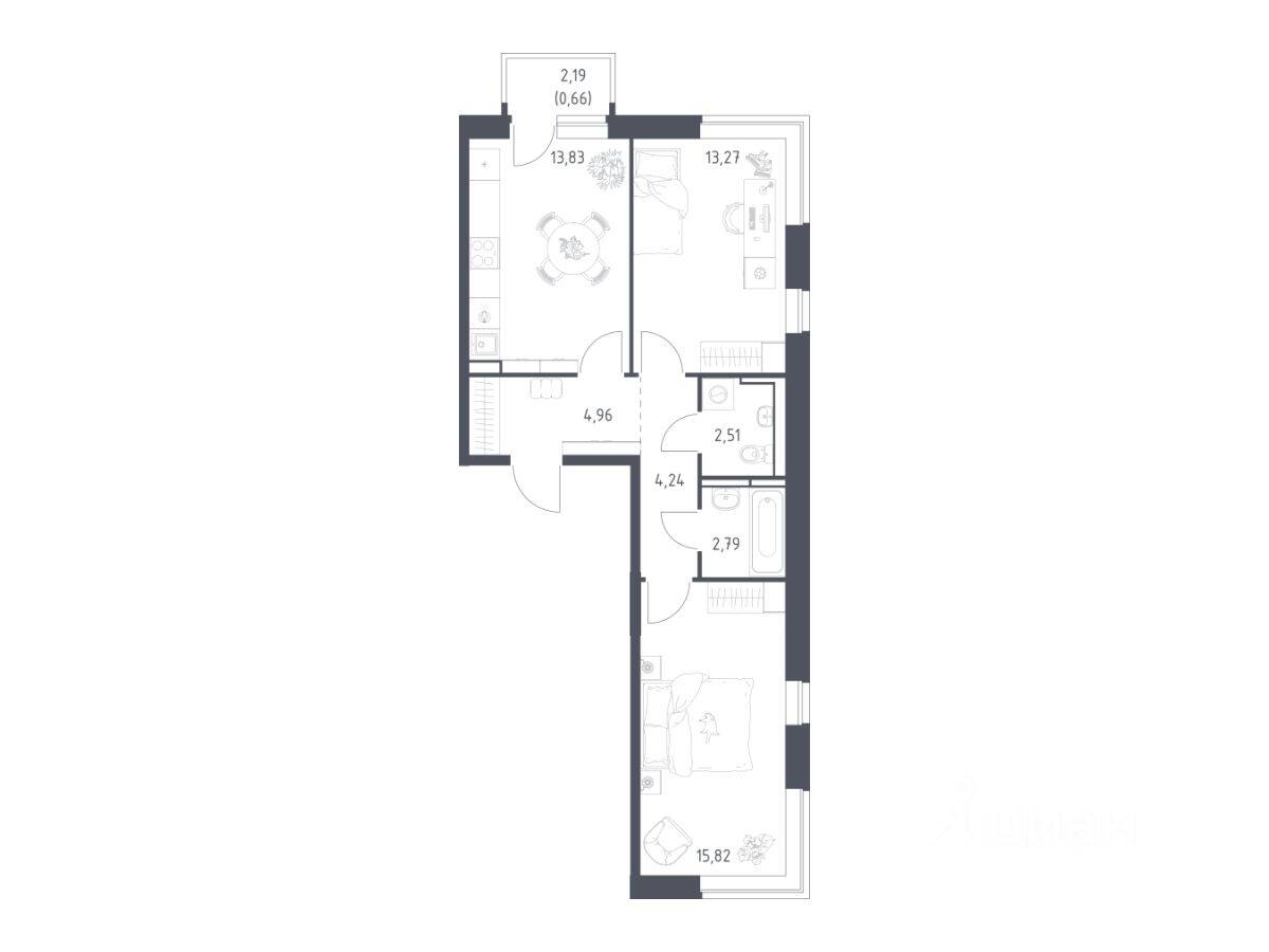 2-комн. квартира, 56,8 м², в ЖК Новое Видное